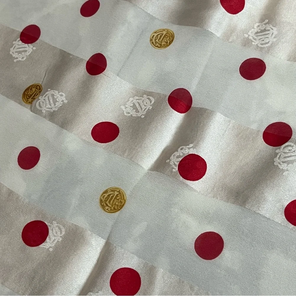 VTG Christian Dior Silk Chiffon Scarf Red White Gold Polka Dot Filigree 32x32